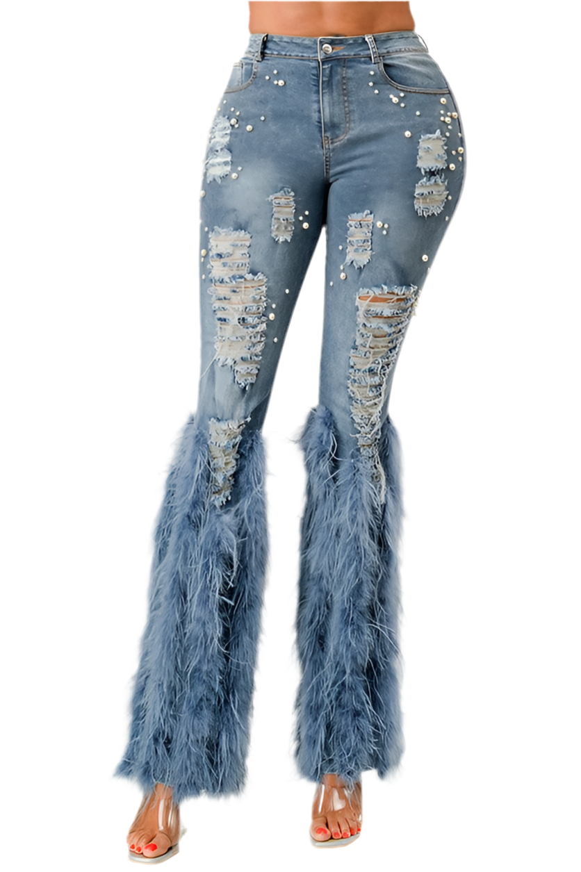 Distressed Pearl Embellished Feather Jeans