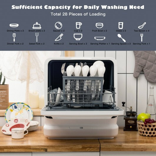 Portable Countertop Dishwasher Air Drying 5 Programs with 7.5L Water Tank - Color: White - Scarvesnthangs