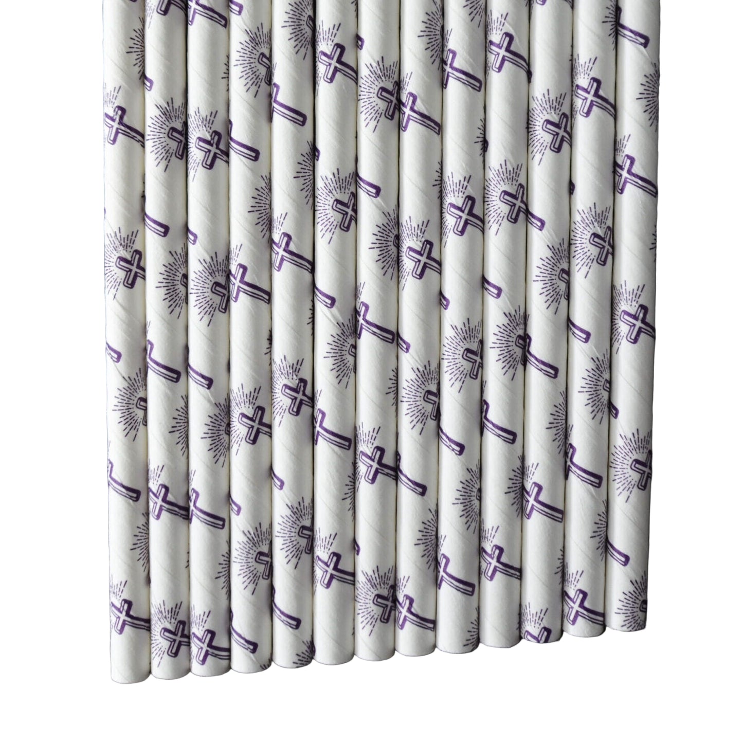White straws with purple designs on a black background