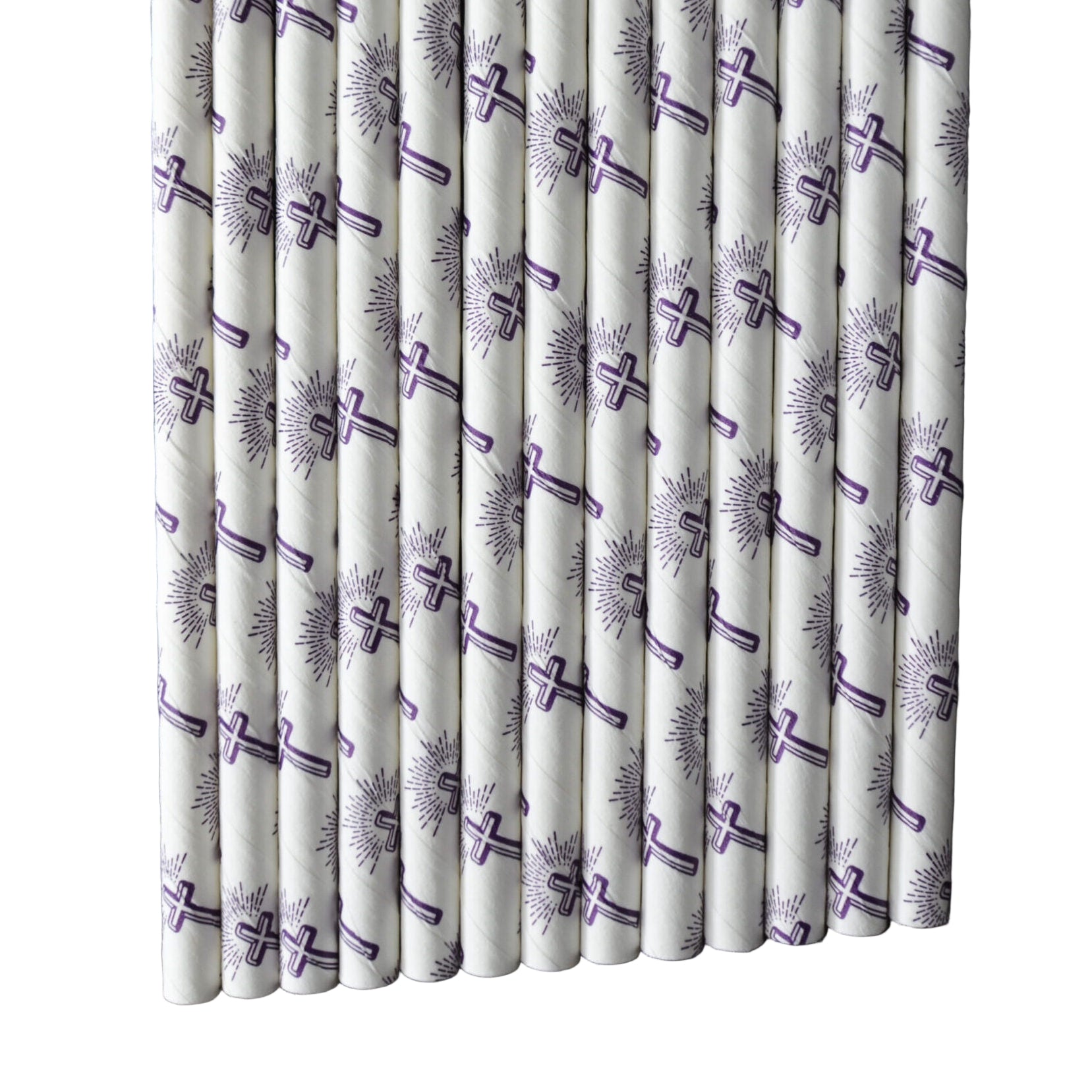 White straws with purple designs on a black background