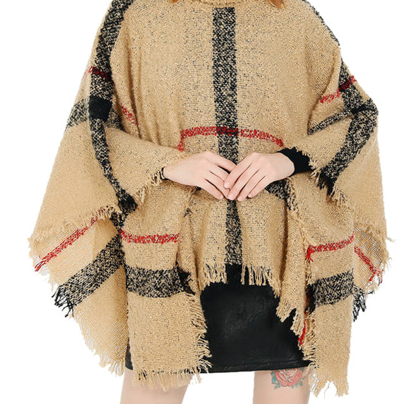 Plaid Checker Pattern Distressed Woven Shawl Cape
