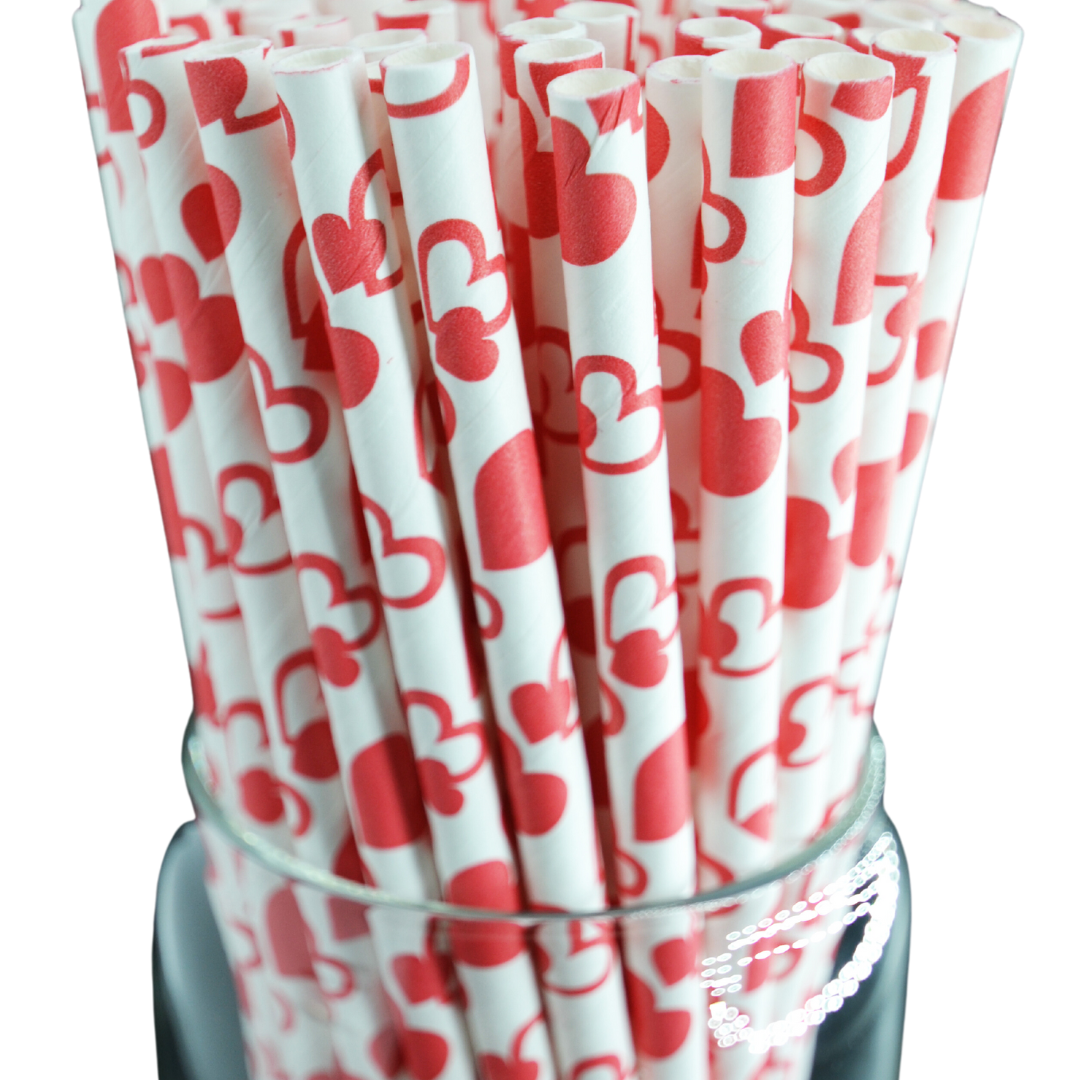 100 Count Red Hearts Paper Straws Individually Wrapped Eco-Friendly Party Straws