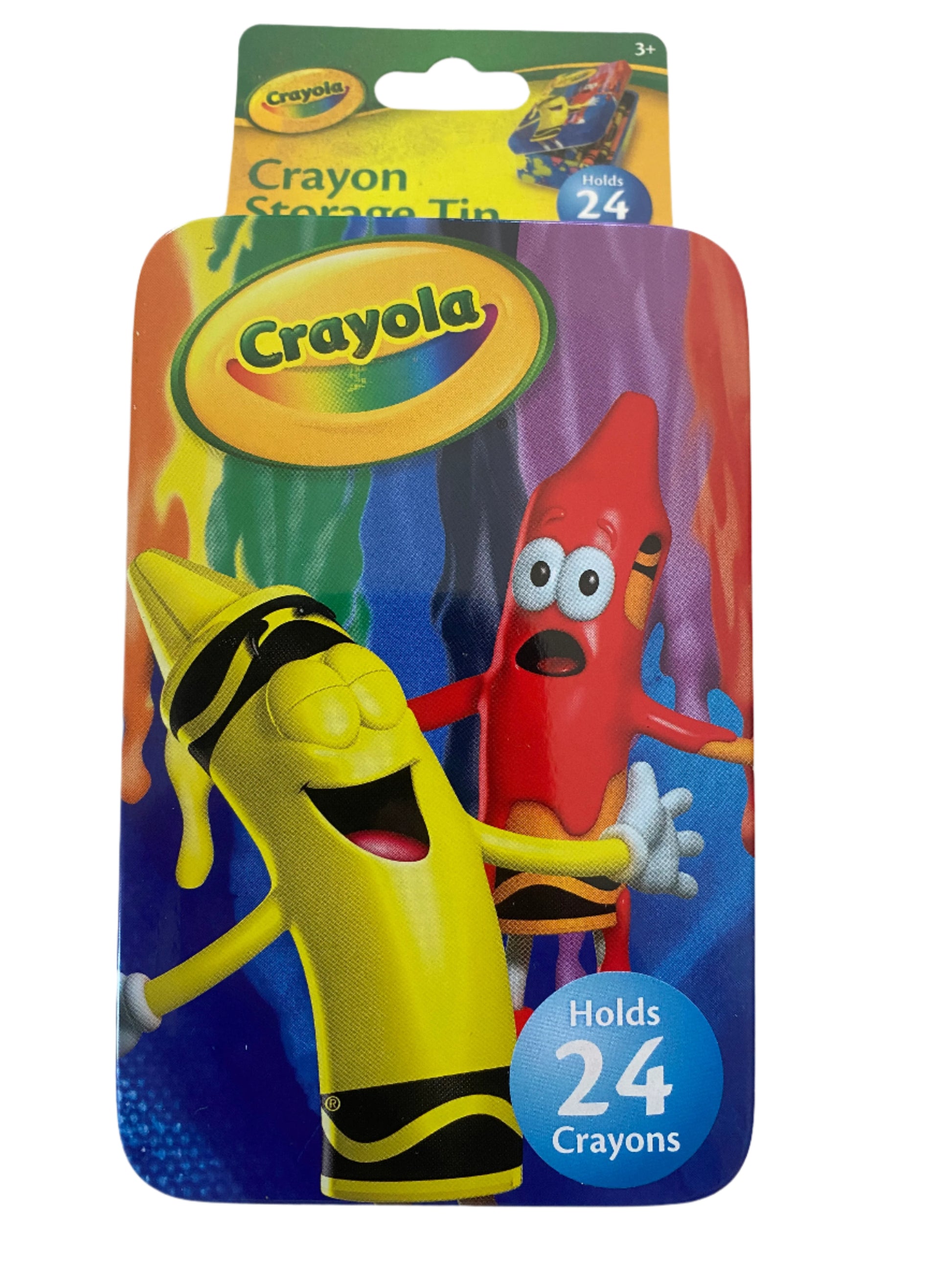 Crayola crayon set packaging with cartoon characters on a lined paper background