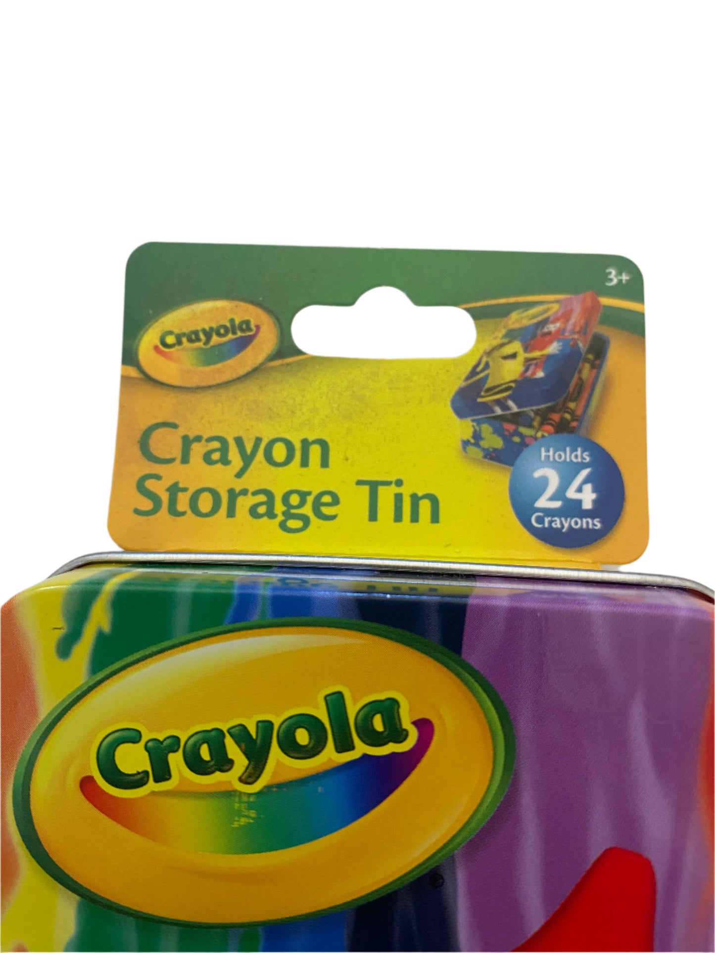 Crayola crayon storage tin with packaging on a white background