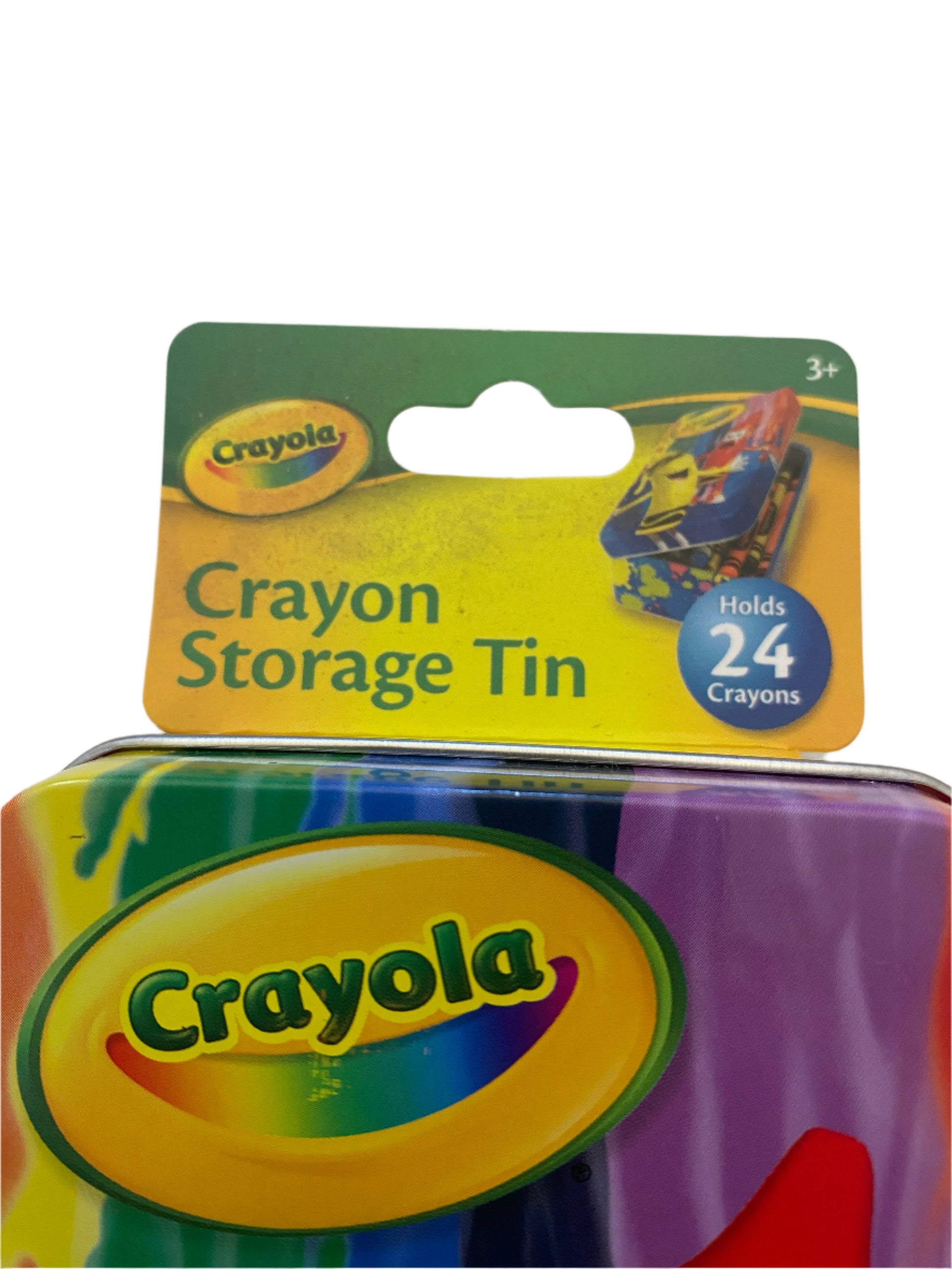 Crayola crayon storage tin with packaging on a white background