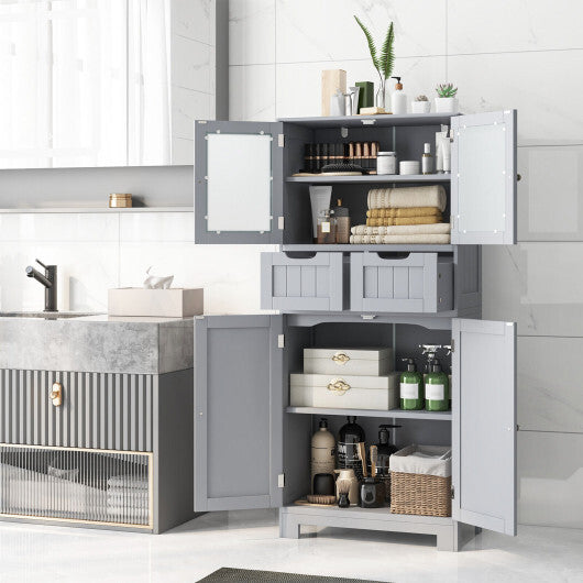 4 Door Freee-Standing Bathroom Cabinet with 2 Drawers and Glass Doors-Gray - Color: Gray - Scarvesnthangs