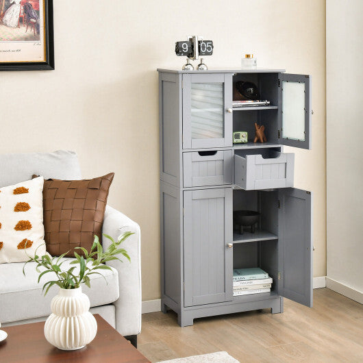 4 Door Freee-Standing Bathroom Cabinet with 2 Drawers and Glass Doors-Gray - Color: Gray - Scarvesnthangs
