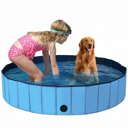 63 Inch Foldable Leakproof Dog Pet Pool Bathing Tub Kiddie Pool for Dogs Cats and Kids-Blue