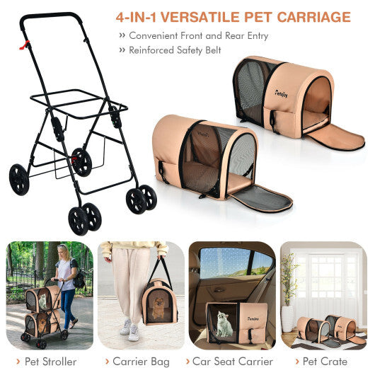 4-in-1 Double Pet Stroller with Detachable Carrier and Travel Carriage-Beige