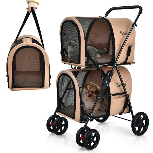 4-in-1 Double Pet Stroller with Detachable Carrier and Travel Carriage-Beige