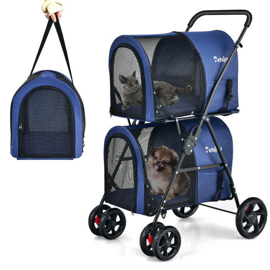 4-in-1 Double Pet Stroller with Detachable Carrier and Travel Carriage-Beige