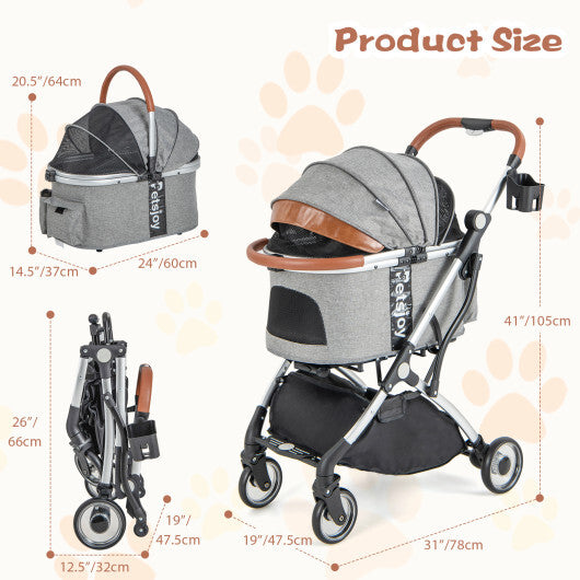 Foldable Dog Cat Stroller with Removable Waterproof Cover-Dark Gray