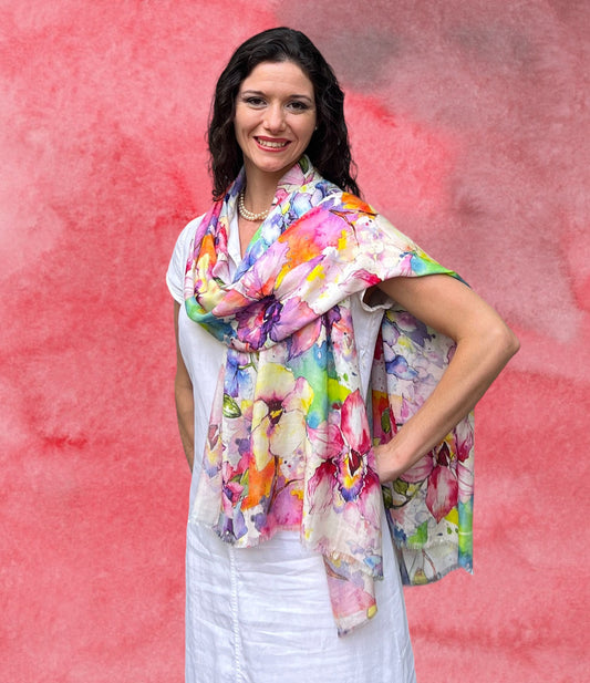 Spring Flowers Digitally Printed Abstract Watercolor Scarf-0