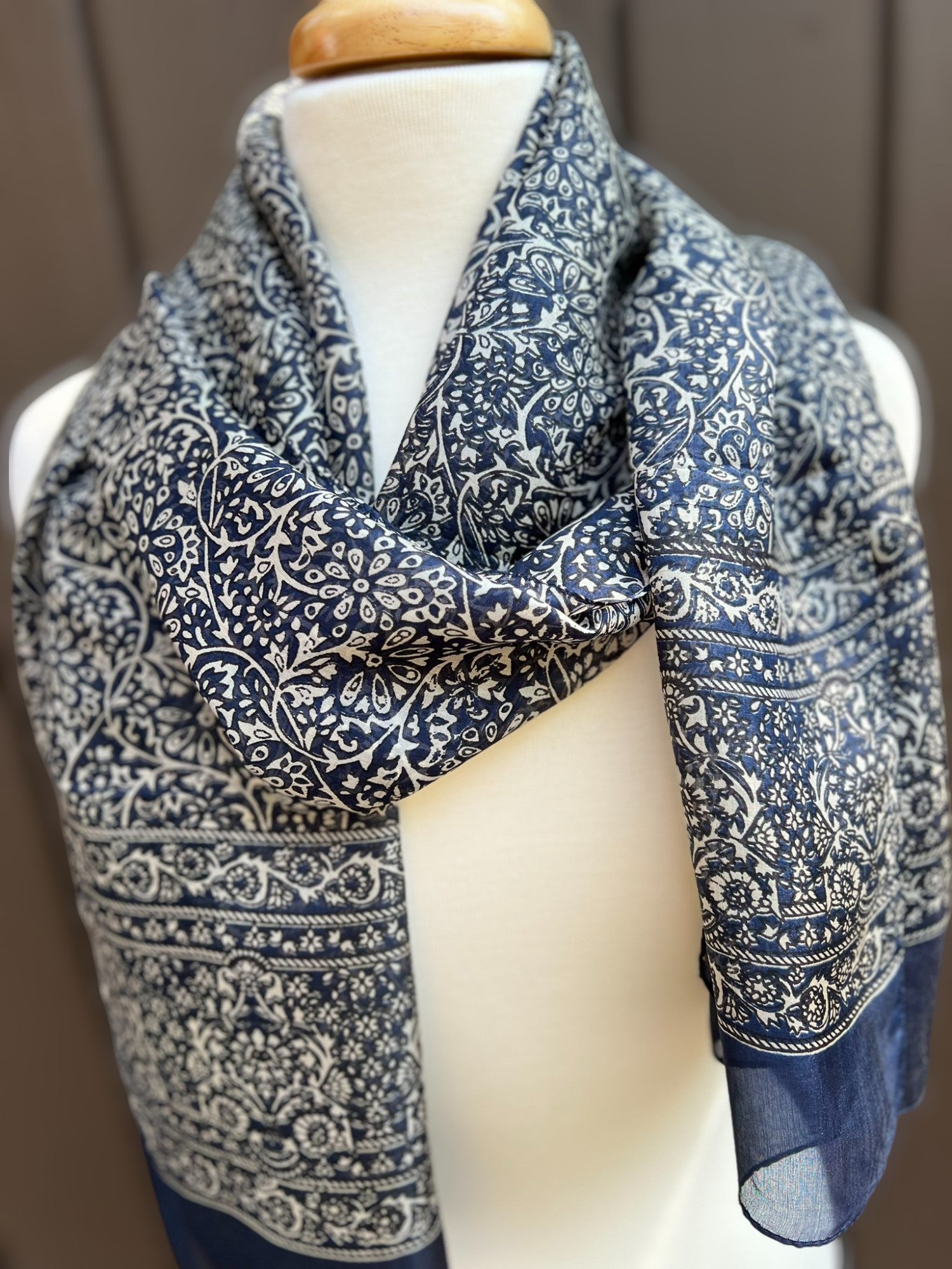 Navy and White Silk Scarf-0