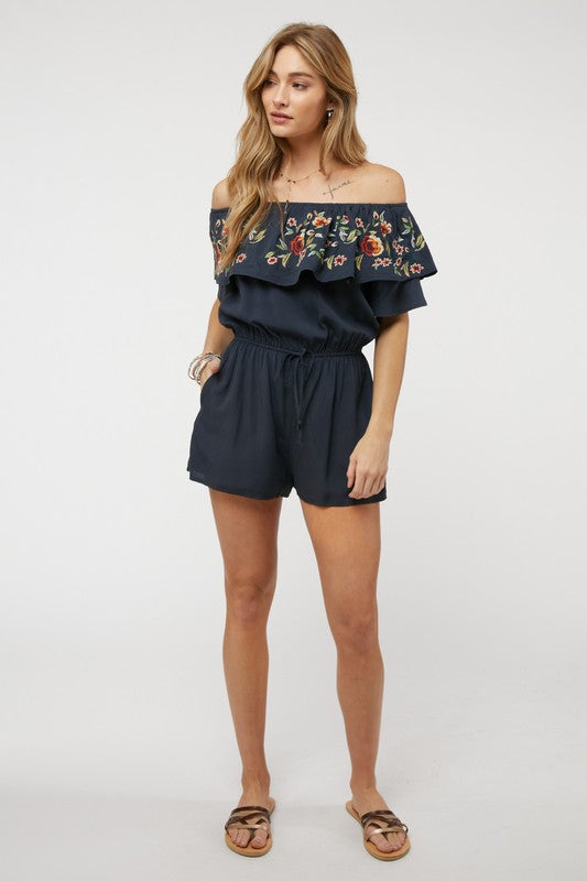 Floral Embroidered Off Shoulder Romper - Scarvesnthangs