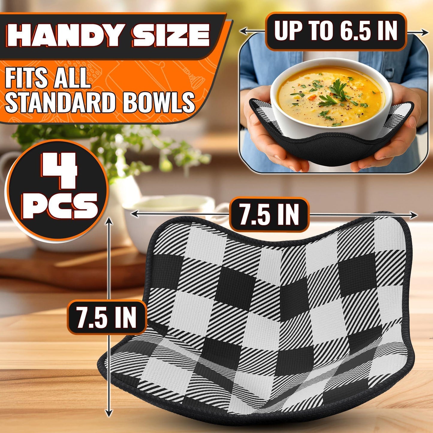 4 Piece Microwave Bowl Holder Set – 7.5 x7.5  Microwave Bowl Holders for Hot Food Black and White Checkered Fabric for Safe & Easy Handling – Machine Washable