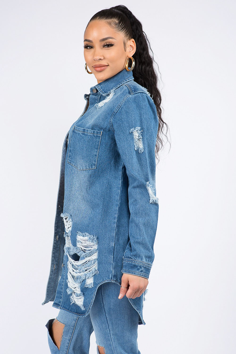 Scarvesnthangs Distressed Button Down Denim Shirt Jacket