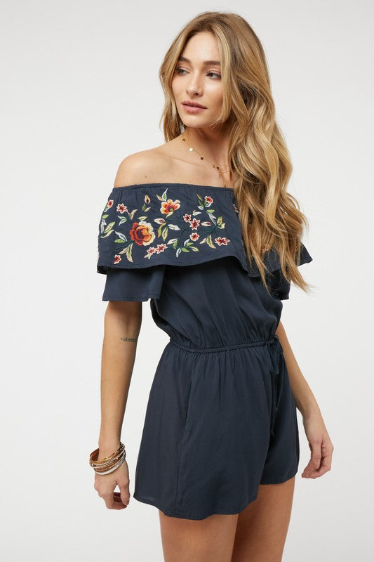 Floral Embroidered Off Shoulder Romper - Scarvesnthangs