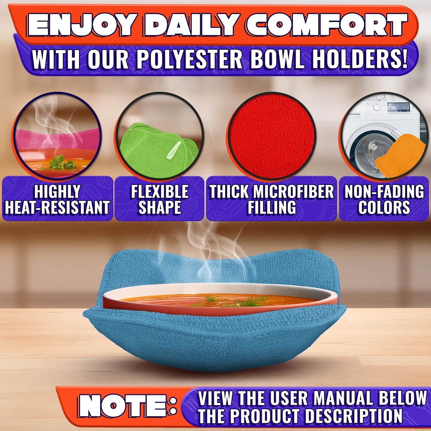 Microwave Bowl Holder Set of 5 – Five Color Pack Microwave Bowl Holders for Hot Food (7.5 x7.5 ) – Heat Resistant Fabric for Bowls Cups Saucers Machine Washable