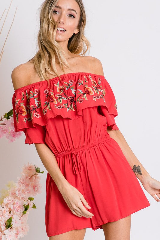 Floral Embroidered Off Shoulder Romper - Scarvesnthangs