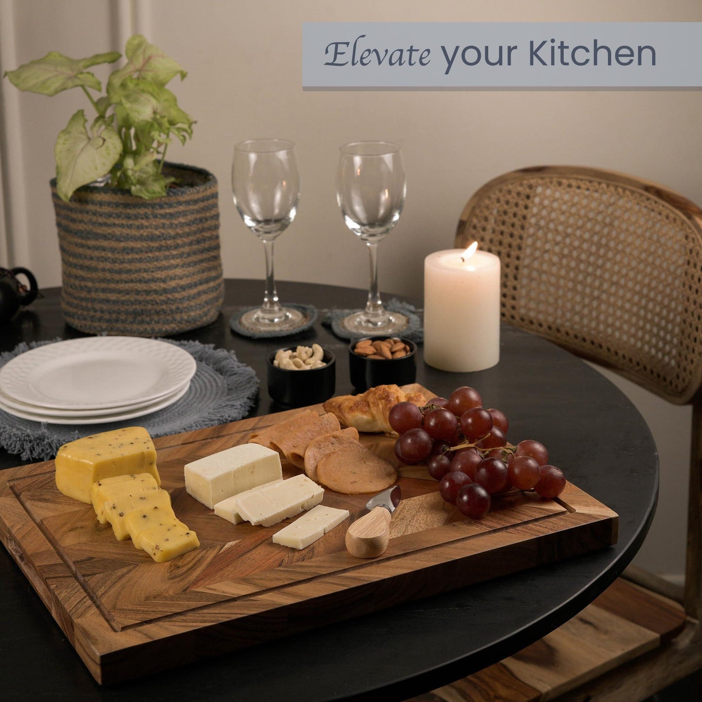 The Fine Living Co. Large Cutting Board Acacia Wood Meat Chopping Board Butcher Block with Juice Groove Chevron Chequered Style 1  Thick & Food grade Serving Board 16 x12