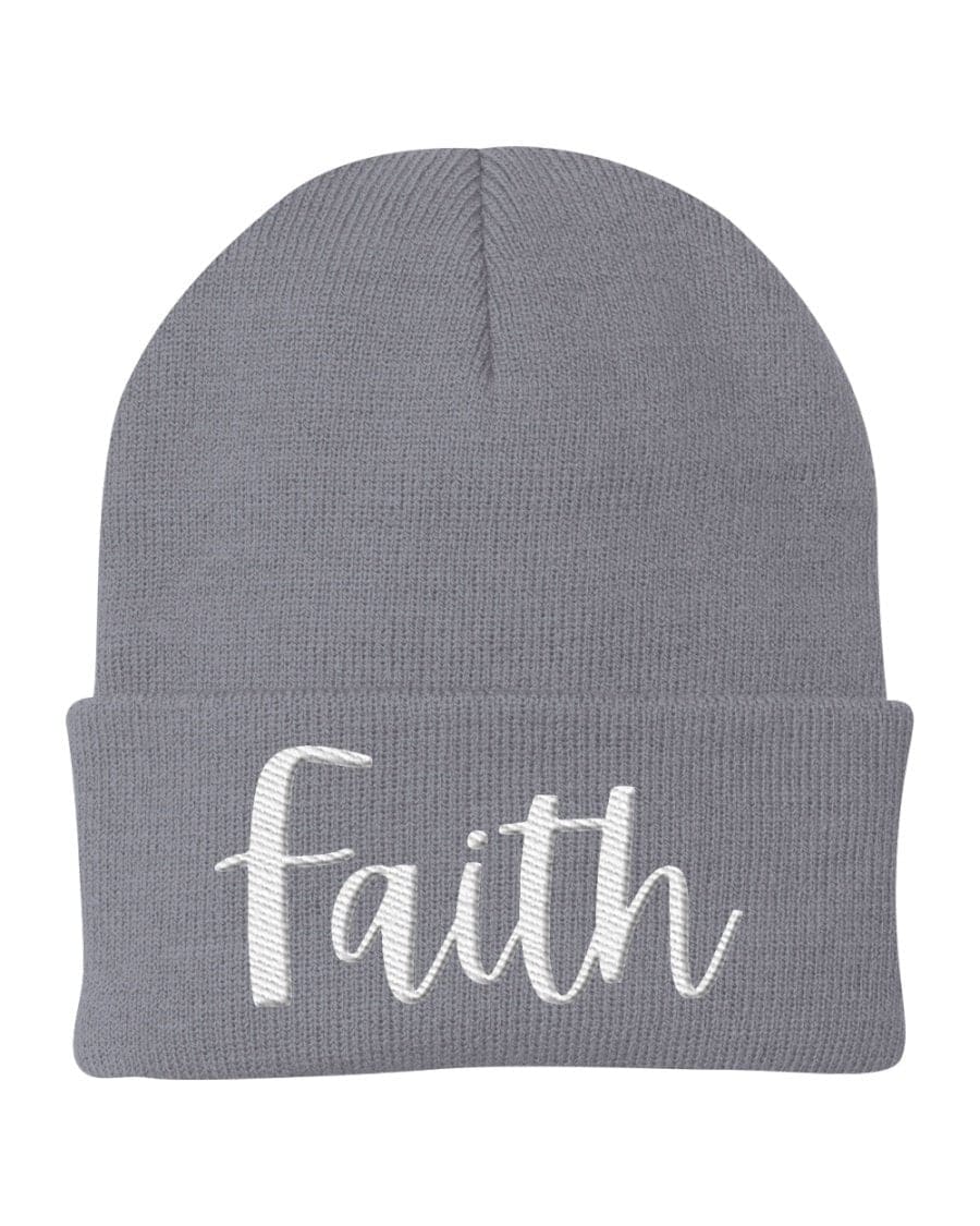 Beanie Knit Cap - Faith Embroidered Hat / White Text-12