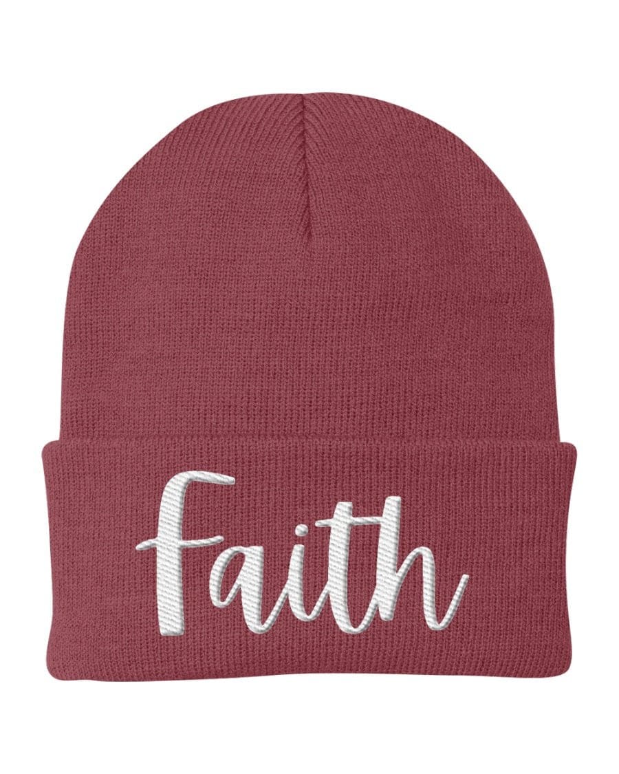 Beanie Knit Cap - Faith Embroidered Hat / White Text-11