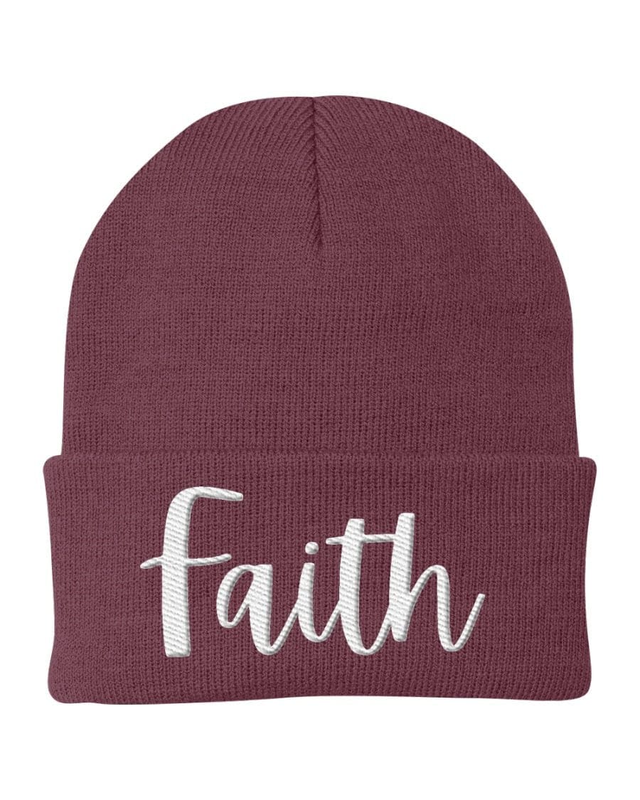 Beanie Knit Cap - Faith Embroidered Hat / White Text-10