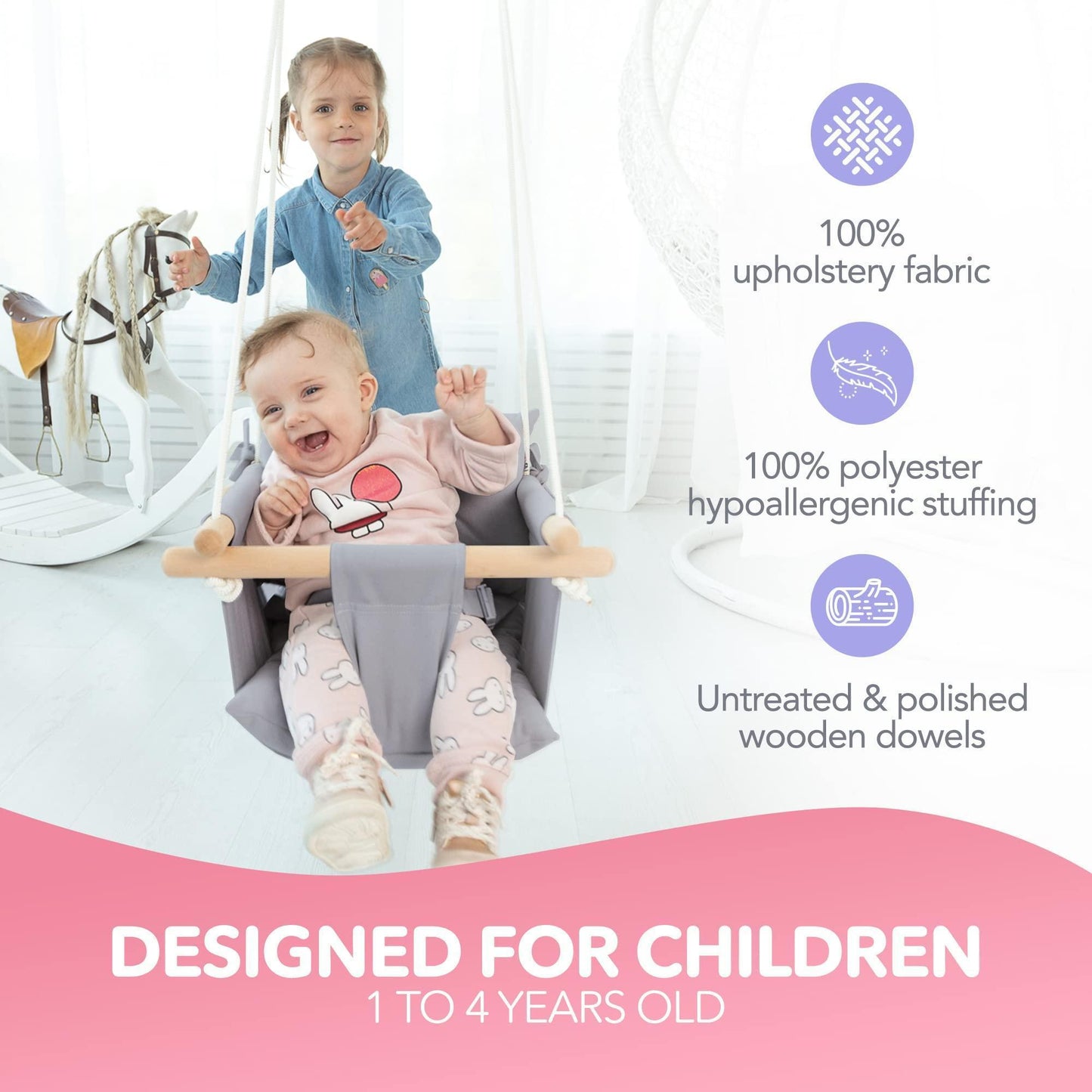 Canvas Baby Swing Wooden Hanging Swing Seat Chair with Safety Belt Durable Baby Swing Chair Outdoor and Indoor Swing for Kids Mounting Hardware Included Taupe Gray