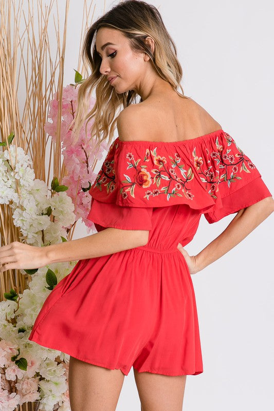 Floral Embroidered Off Shoulder Romper - Scarvesnthangs