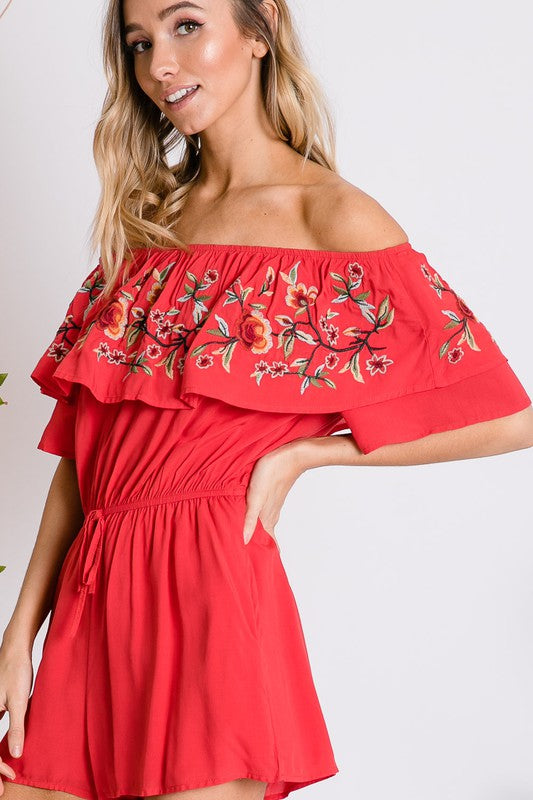 Floral Embroidered Off Shoulder Romper - Scarvesnthangs