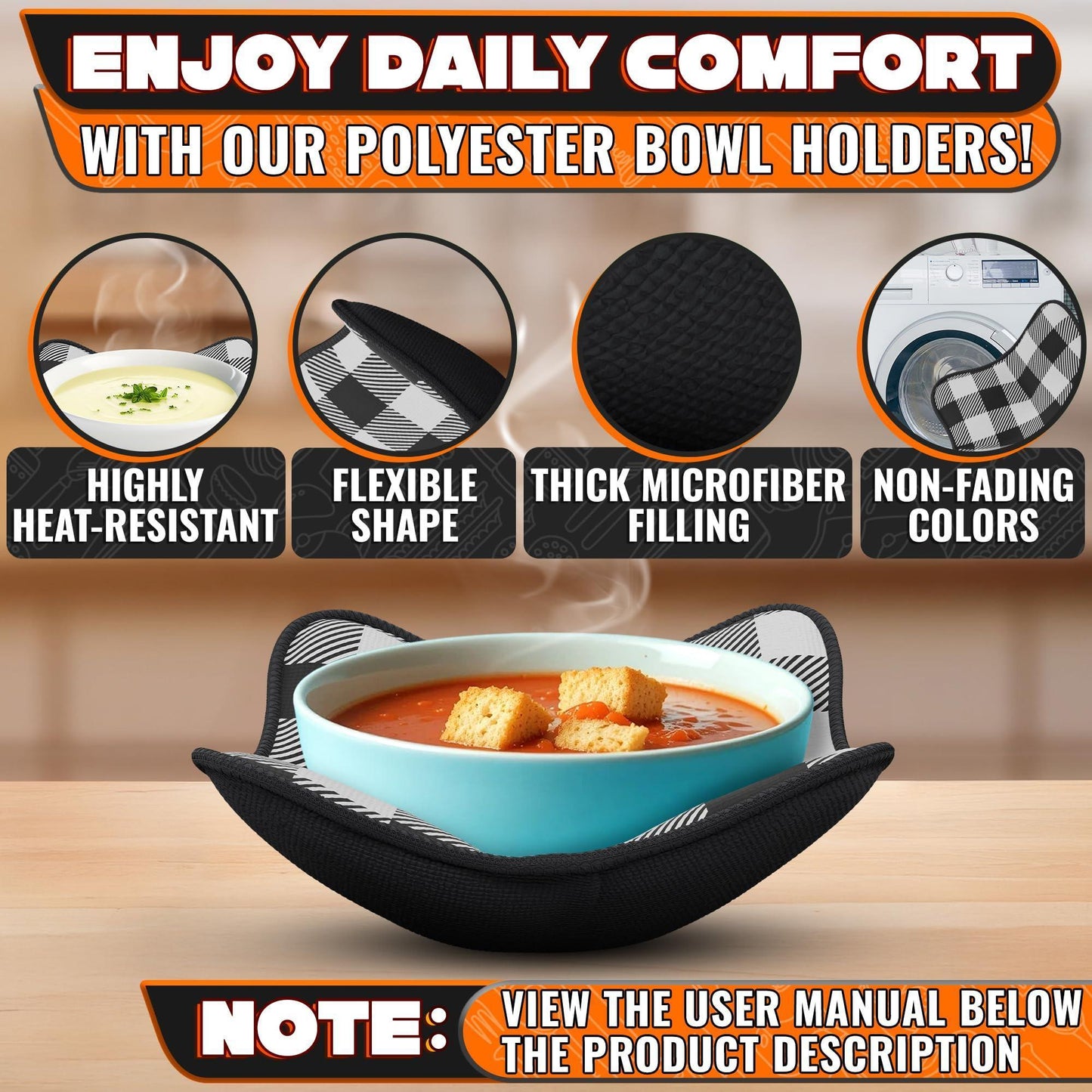 4 Piece Microwave Bowl Holder Set – 7.5 x7.5  Microwave Bowl Holders for Hot Food Black and White Checkered Fabric for Safe & Easy Handling – Machine Washable