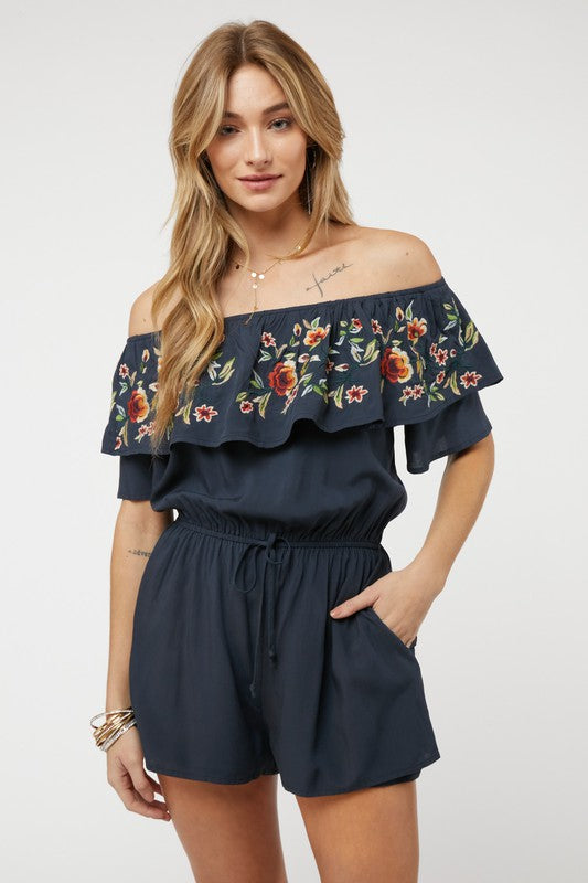 Floral Embroidered Off Shoulder Romper - Scarvesnthangs