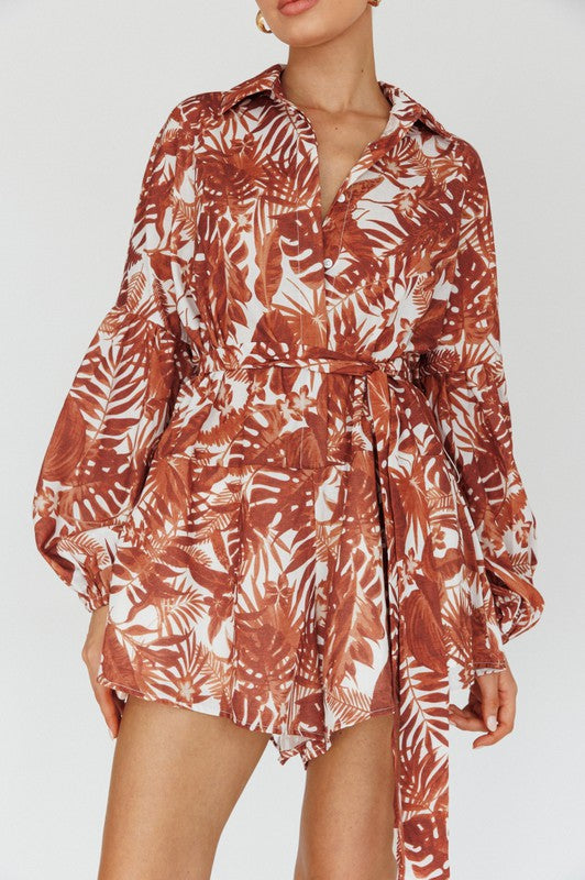 Leaves Print Puff Sleeved Romper - Scarvesnthangs