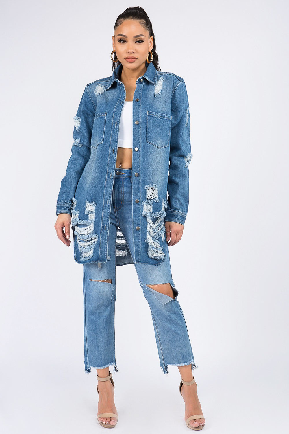 Scarvesnthangs Distressed Button Down Denim Shirt Jacket