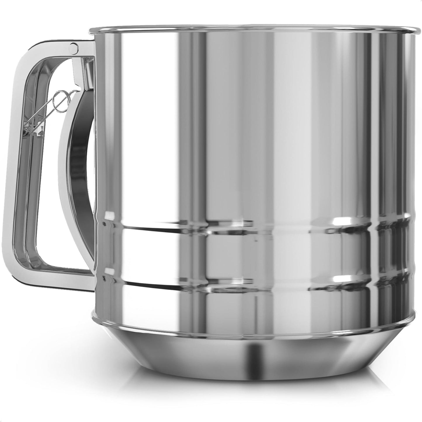 5 Cup Flour Sifter for Baking – Large Capacity Flour Sifter Stainless Steel (5.1  x 5.1 ) with Double Mesh – One Hand Operation Designed for Quick & Easy Sifting