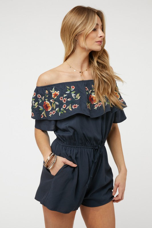 Floral Embroidered Off Shoulder Romper - Scarvesnthangs