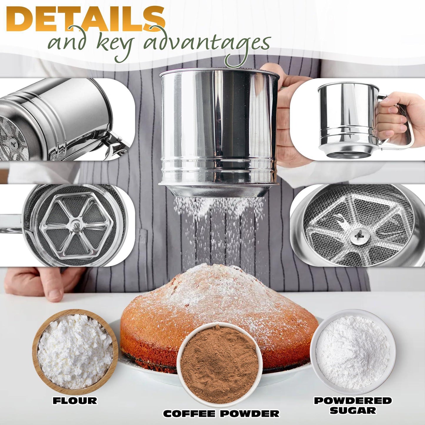5 Cup Flour Sifter for Baking – Large Capacity Flour Sifter Stainless Steel (5.1  x 5.1 ) with Double Mesh – One Hand Operation Designed for Quick & Easy Sifting