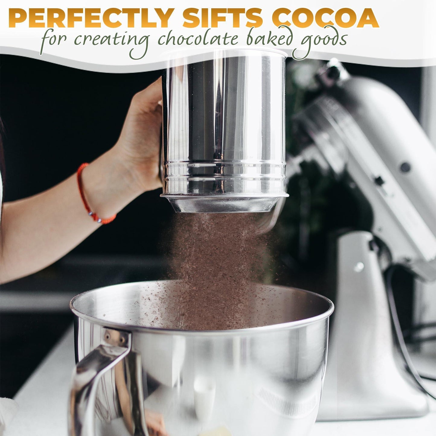 5 Cup Flour Sifter for Baking – Large Capacity Flour Sifter Stainless Steel (5.1  x 5.1 ) with Double Mesh – One Hand Operation Designed for Quick & Easy Sifting