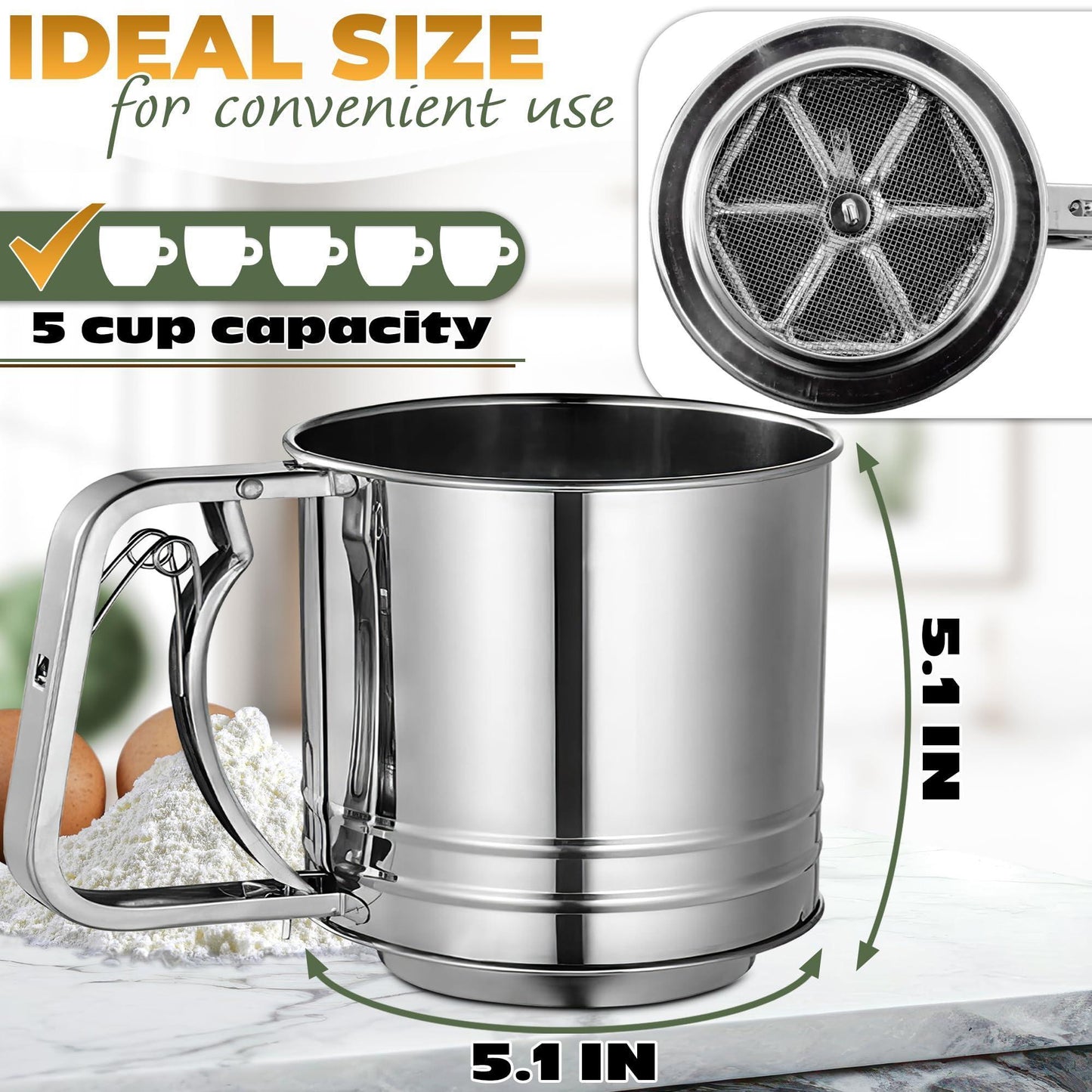 5 Cup Flour Sifter for Baking – Large Capacity Flour Sifter Stainless Steel (5.1  x 5.1 ) with Double Mesh – One Hand Operation Designed for Quick & Easy Sifting