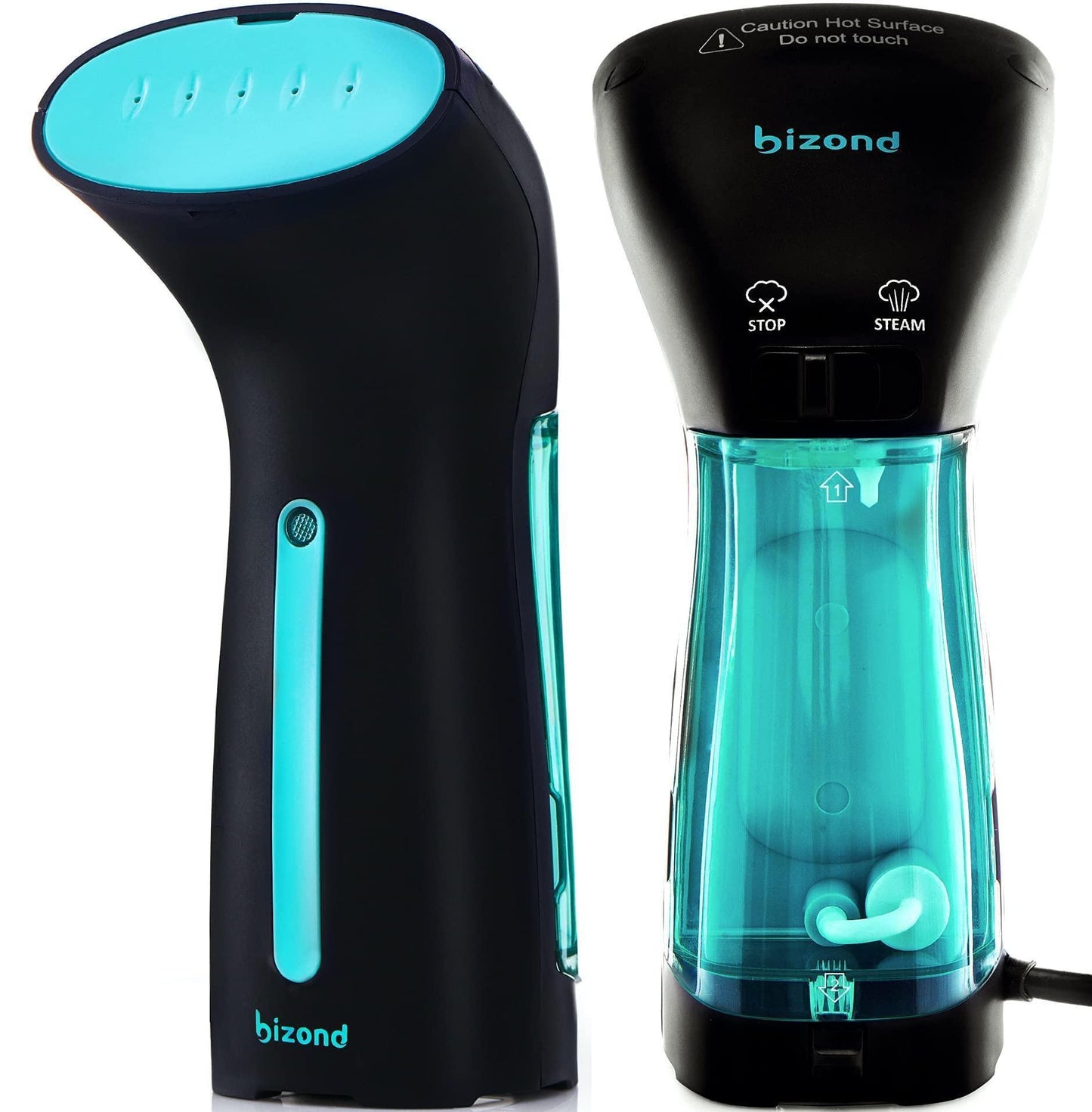 Two black and turquoise bizond handheld steamers on a white background