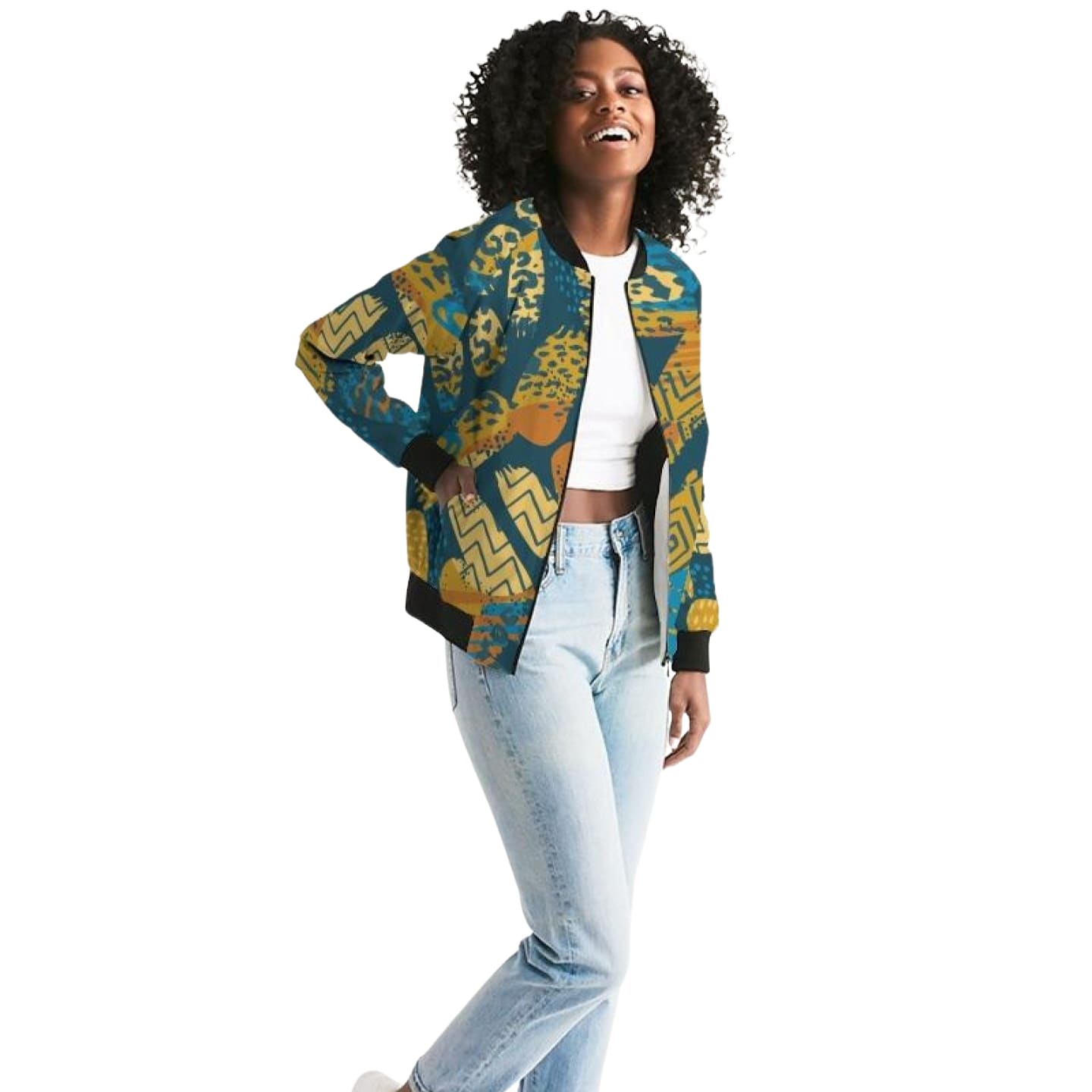 Tribal Blue Abstract Style Womens Bomber Jacket-3