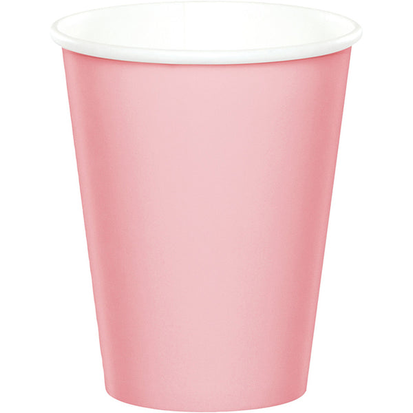 Pink paper cup with white rim on a white background