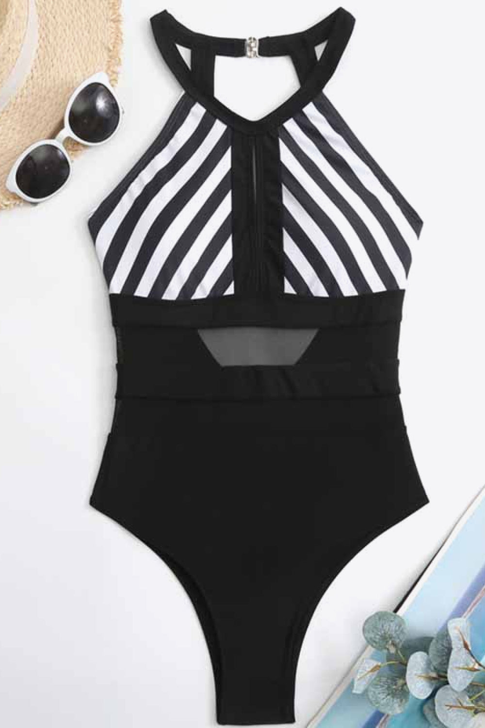 Striped Backless One-Piece Swimsuit - Scarvesnthangs