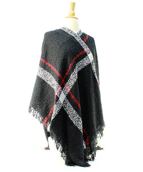 Plaid Checker Pattern Distressed Woven Shawl Cape - Scarvesnthangs