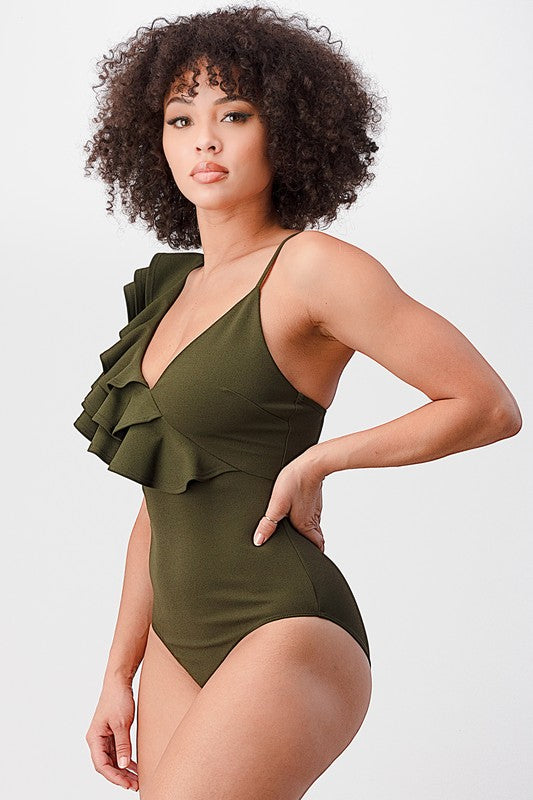 Techno Crepe Ruffle Bodysuit with Bottom Button Snap - Scarvesnthangs