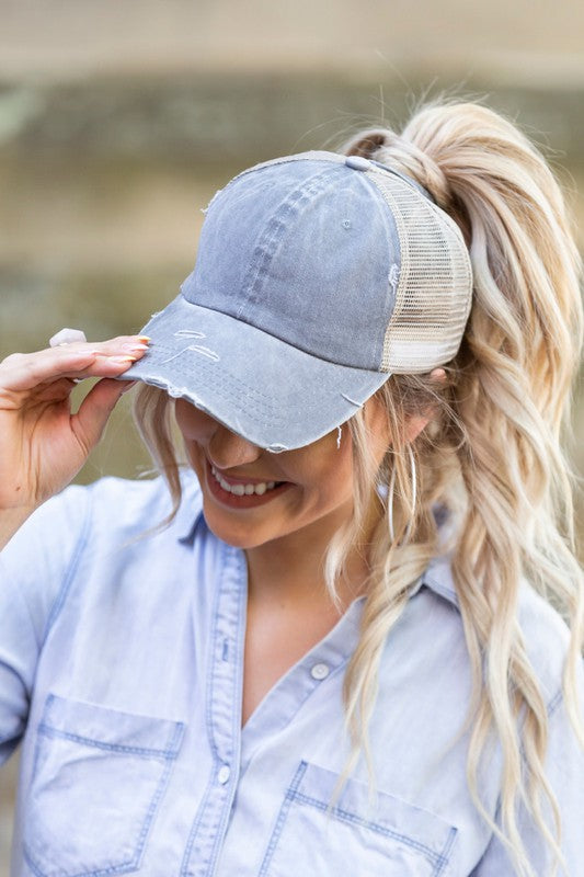 Distressed Messy Bun Hat Cap - Scarvesnthangs