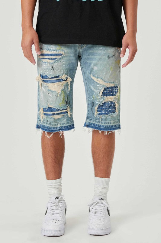 Fabric Patch & Boro Stitched Ripped Denim Shorts - Scarvesnthangs