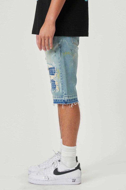 Fabric Patch & Boro Stitched Ripped Denim Shorts - Scarvesnthangs