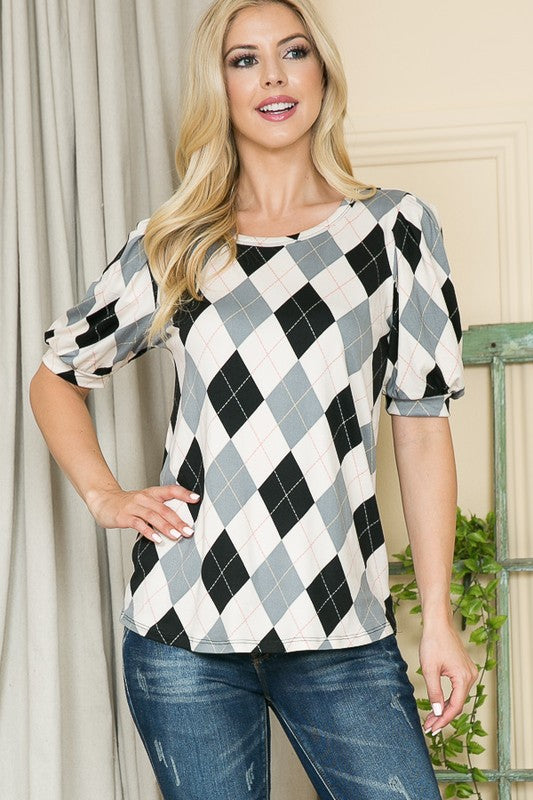 Argyle Print Puff Sleeve Knit Jersey Top - Scarvesnthangs